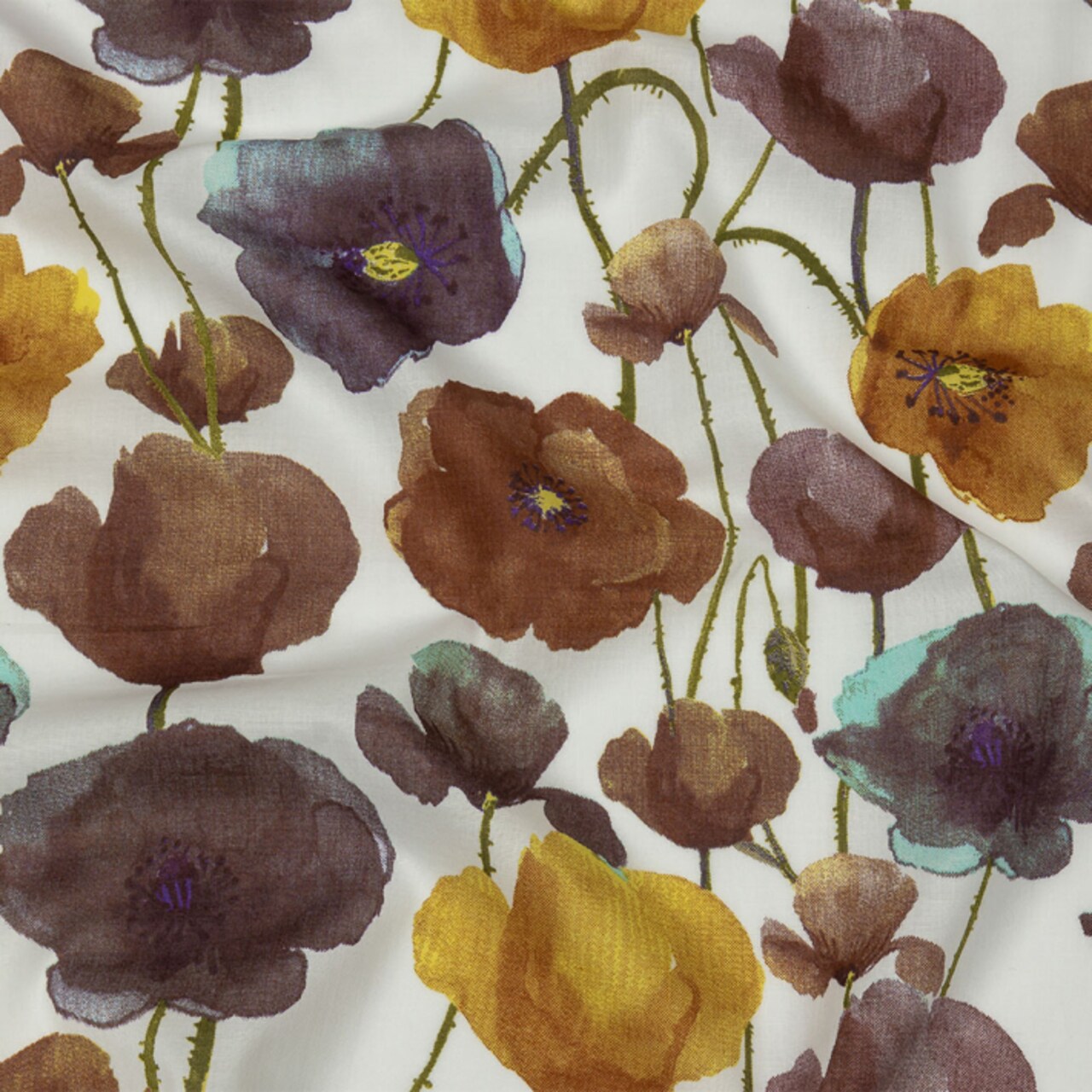 1 Yard Brown Olive and Ochre Painterly Blooms Cotton Lawn Fabric